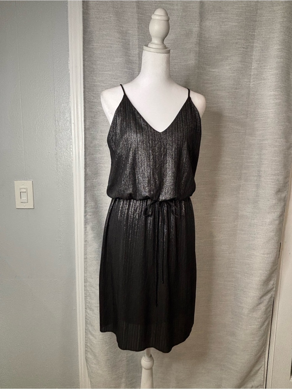 Shimmery Black Spaghetti-Strap Mini Dress with Drawstring Waist